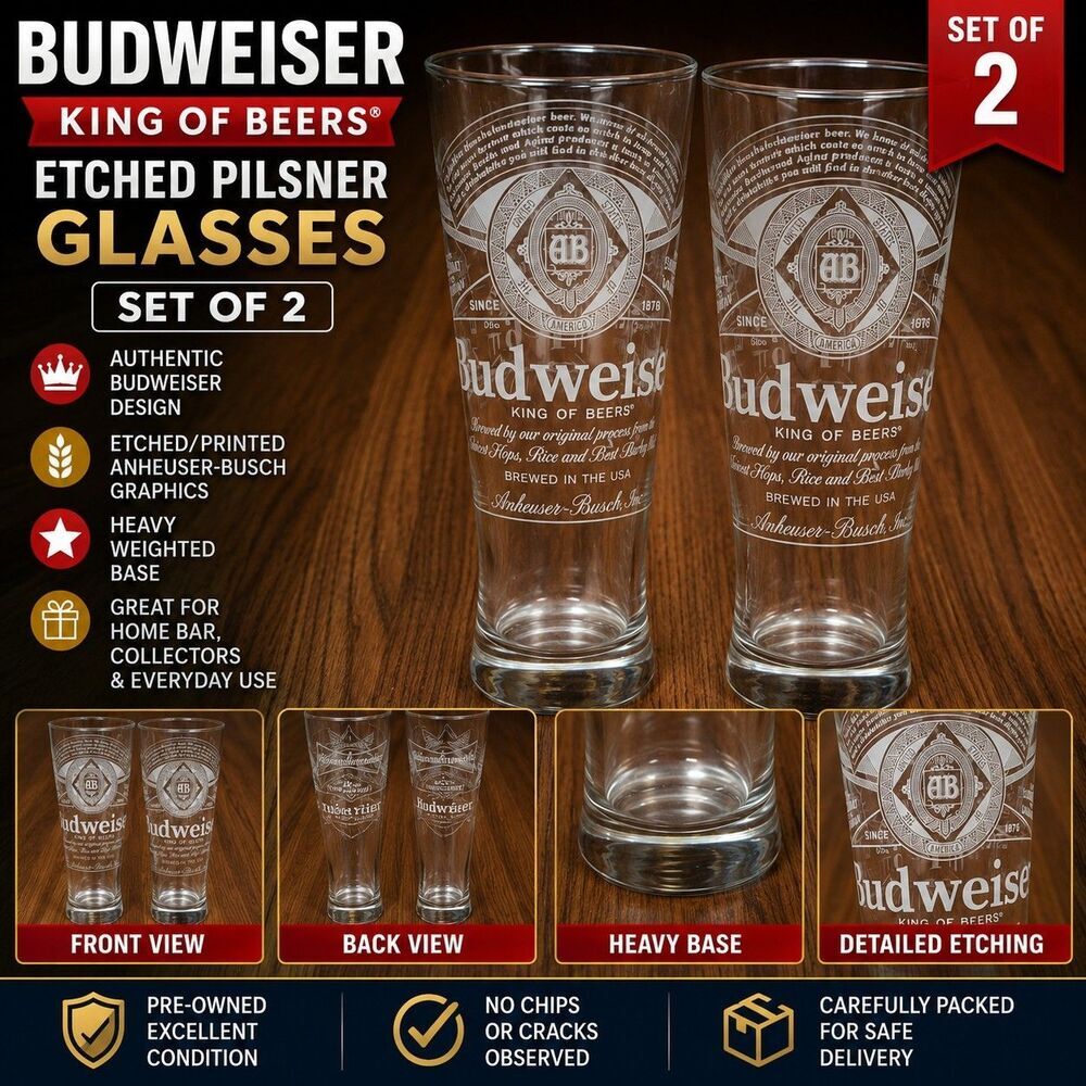 Set of 2 Budweiser King of Beers Etched Pilsner Beer Glasses Anheuser Busch 16oz